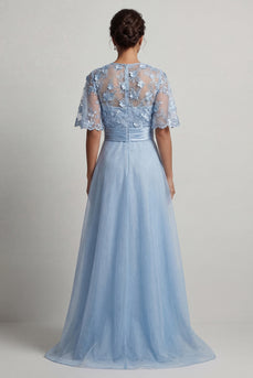 Sky Blue Floral A Line Long Formal Dress