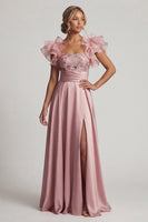 Load image into Gallery viewer, Dusty Rose A Line Floral Beaded Long Formal Dress with Ruffles