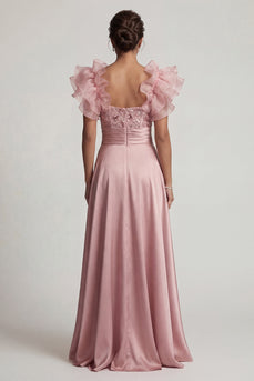 Dusty Rose A Line Floral Beaded Long Formal Dress with Ruffles