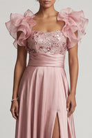 Load image into Gallery viewer, Dusty Rose A Line Floral Beaded Long Formal Dress with Ruffles