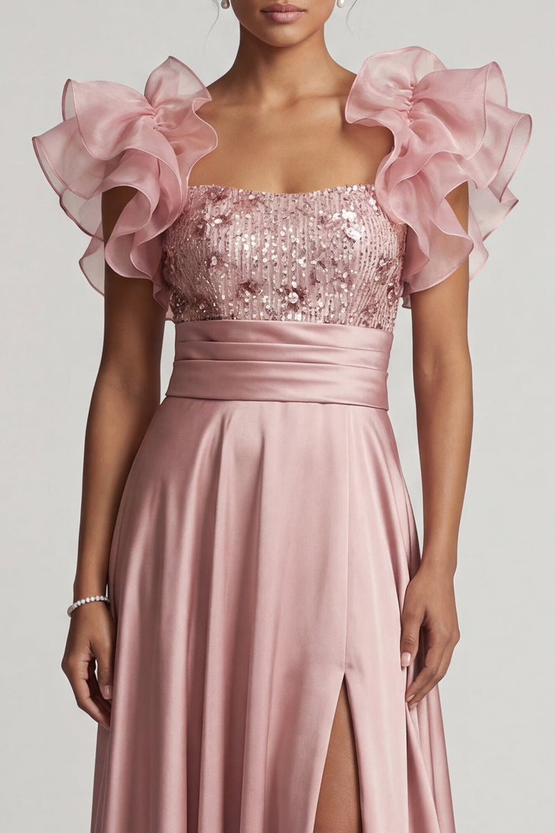 Load image into Gallery viewer, Dusty Rose A Line Floral Beaded Long Formal Dress with Ruffles