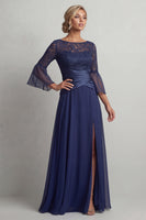 Load image into Gallery viewer, Navy Ruched Boat Neck A Line Long Mother of the Bride Dress with Slit