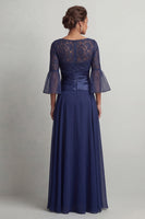 Load image into Gallery viewer, Navy Ruched Boat Neck A Line Long Mother of the Bride Dress with Slit