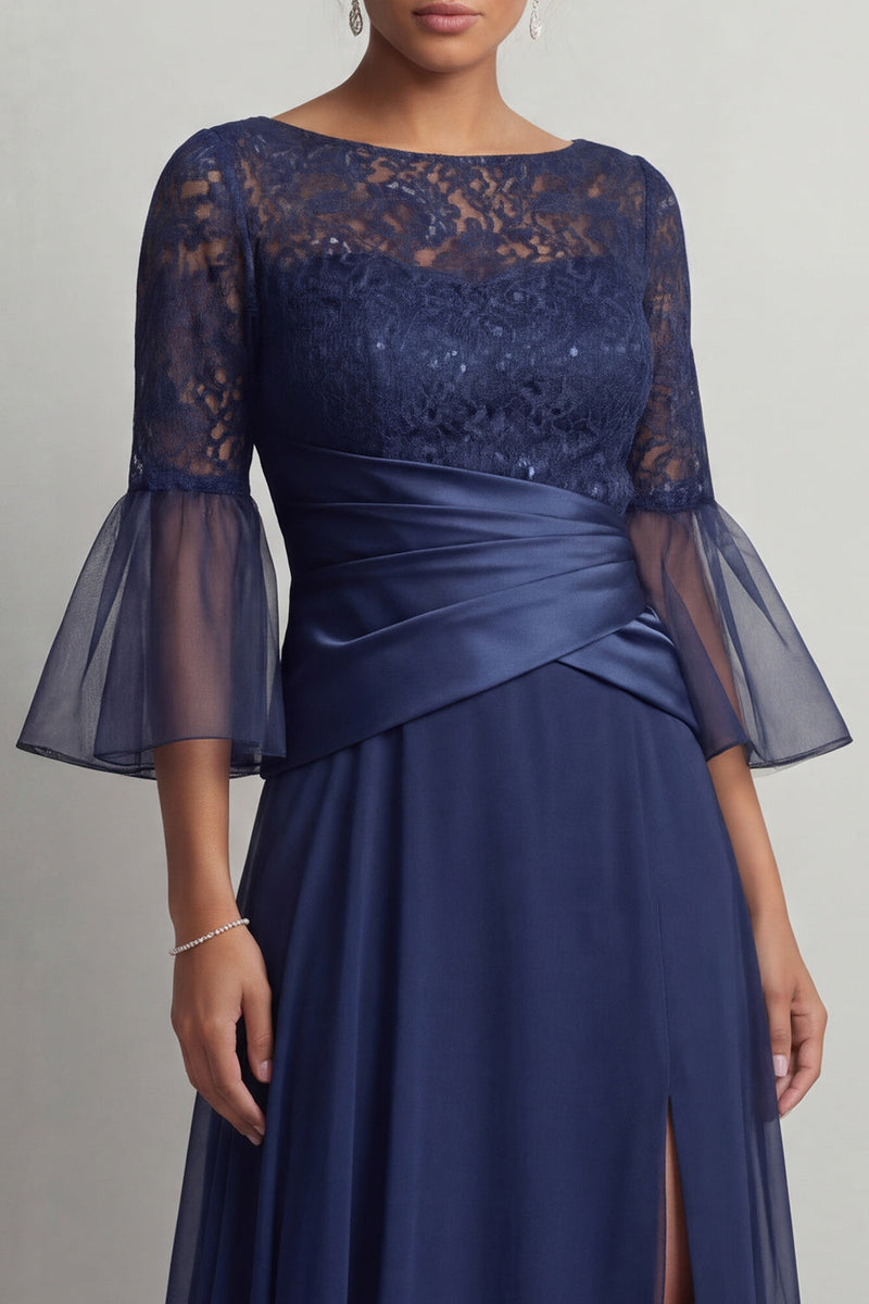 Load image into Gallery viewer, Navy Ruched Boat Neck A Line Long Mother of the Bride Dress with Slit