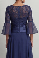 Load image into Gallery viewer, Navy Ruched Boat Neck A Line Long Mother of the Bride Dress with Slit