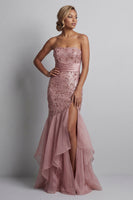 Load image into Gallery viewer, Sparkly Dusty Rose Sequin Mermaid Long Formal Dress with Ruffles
