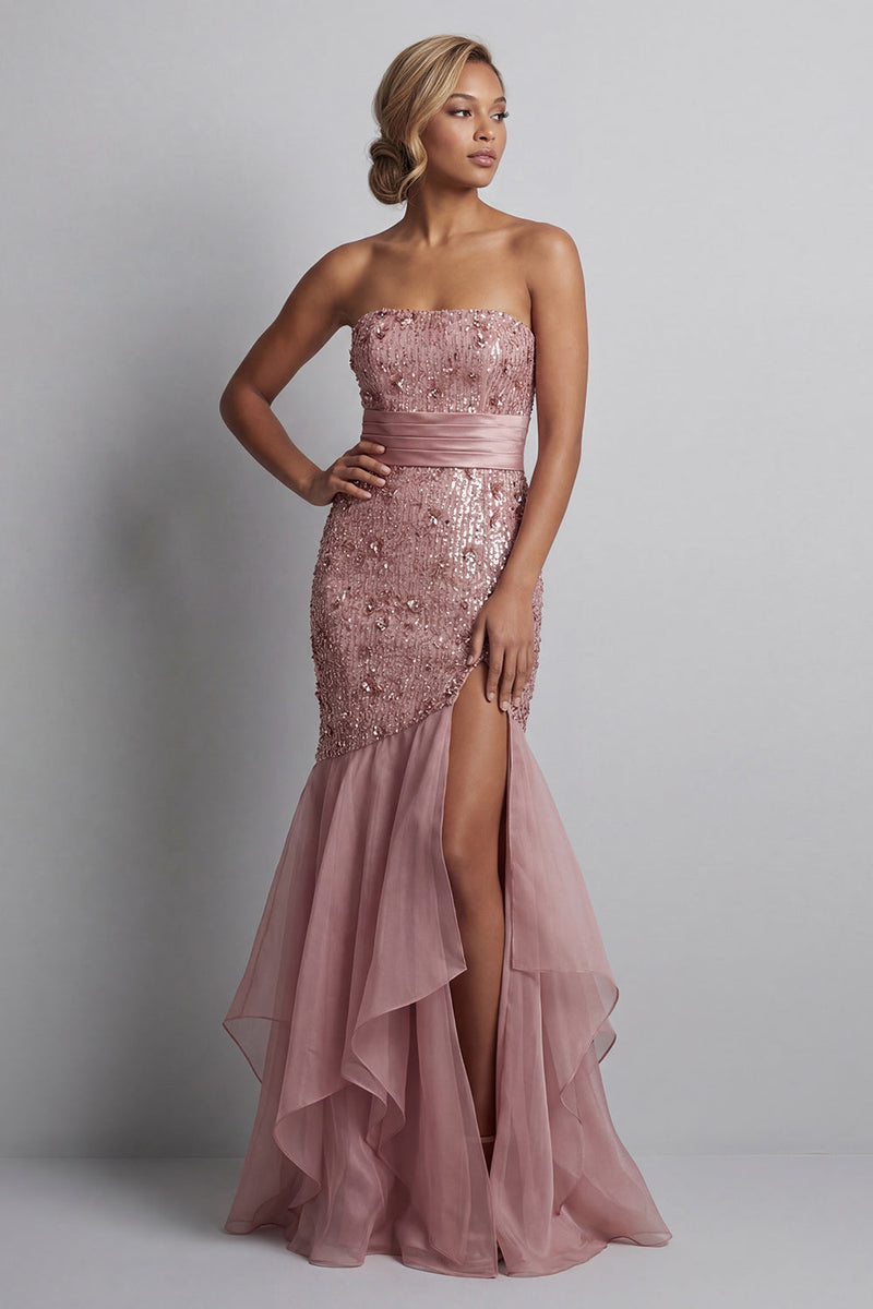 Load image into Gallery viewer, Sparkly Dusty Rose Sequin Mermaid Long Formal Dress with Ruffles