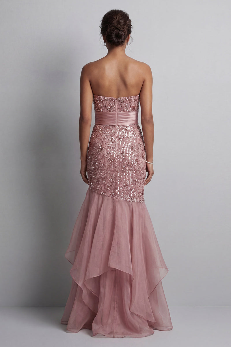 Load image into Gallery viewer, Sparkly Dusty Rose Sequin Mermaid Long Formal Dress with Ruffles