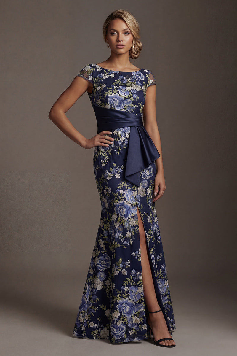 Load image into Gallery viewer, Navy Floral Mermaid Long Mother of the Bride Dress with Slit
