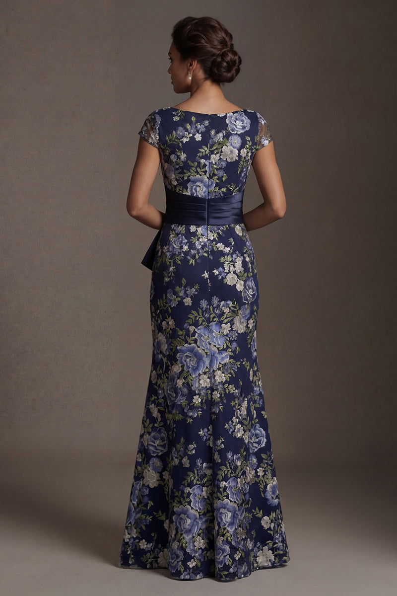 Load image into Gallery viewer, Navy Floral Mermaid Long Mother of the Bride Dress with Slit