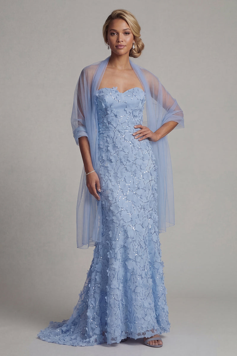 Load image into Gallery viewer, Sparkly Sky Blue Floral Mermaid Beaded Long Mother of the Bride Dress with Shawl