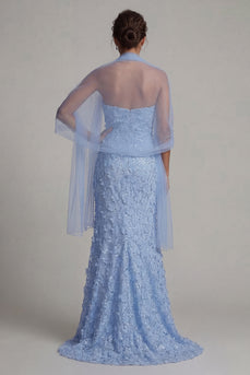 Sparkly Sky Blue Floral Mermaid Beaded Long Mother of the Bride Dress with Shawl