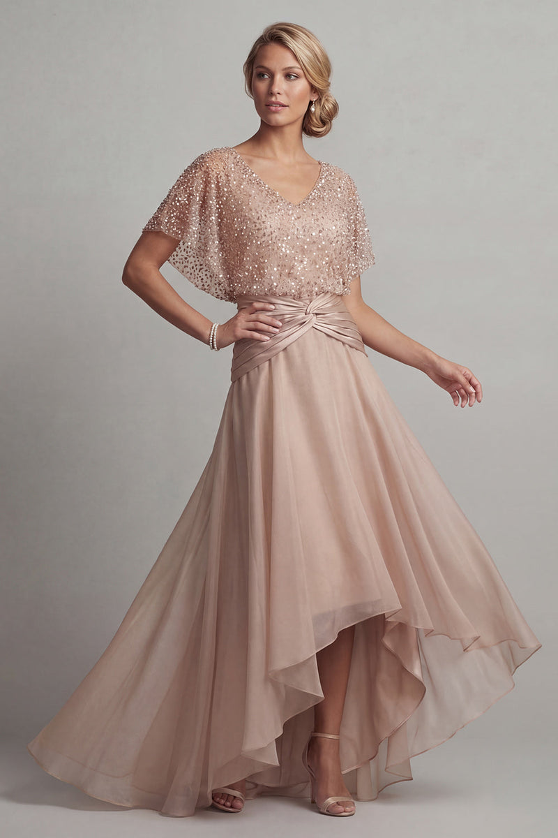 Load image into Gallery viewer, Sparkly Champagne Ruched Sequin A Line Asymmetrical Mother of the Bride Dress