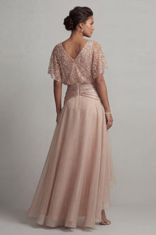 Sparkly Champagne Ruched Sequin A Line Asymmetrical Mother of the Bride Dress