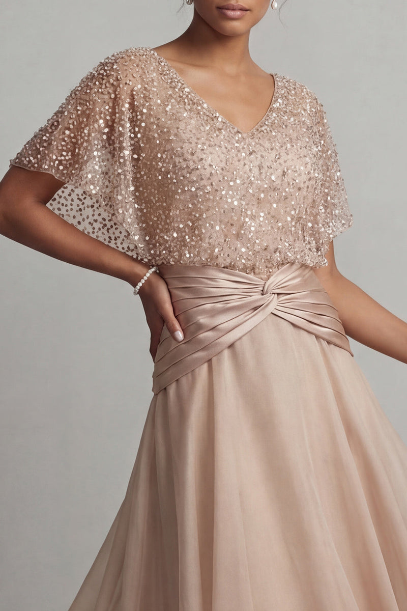 Load image into Gallery viewer, Sparkly Champagne Ruched Sequin A Line Asymmetrical Mother of the Bride Dress