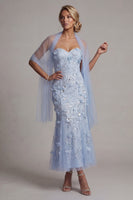 Load image into Gallery viewer, Sparkly Sky Blue Mermaid Floral Maxi Sequin Formal Dress with Shawl