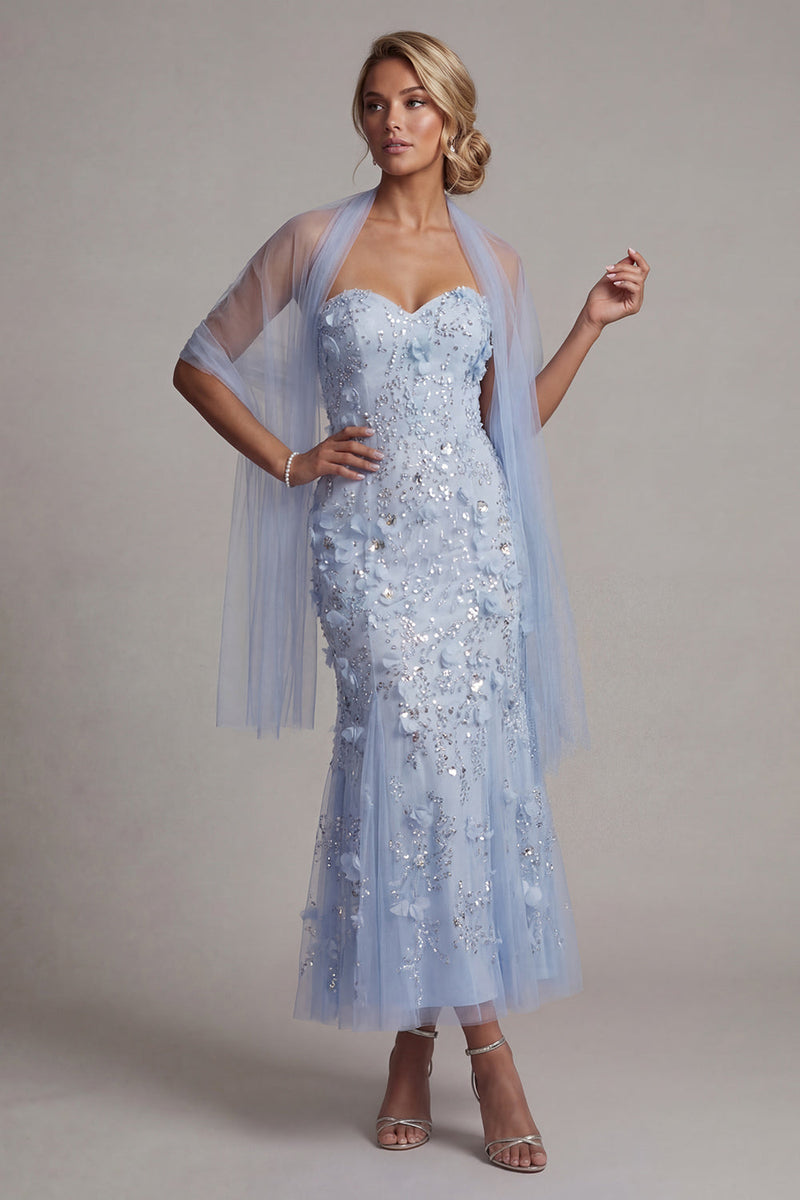 Load image into Gallery viewer, Sparkly Sky Blue Mermaid Floral Maxi Sequin Formal Dress with Shawl