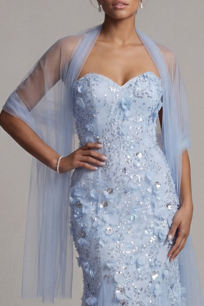 Load image into Gallery viewer, Sparkly Sky Blue Mermaid Floral Maxi Sequin Formal Dress with Shawl