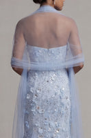 Load image into Gallery viewer, Sparkly Sky Blue Mermaid Floral Maxi Sequin Formal Dress with Shawl