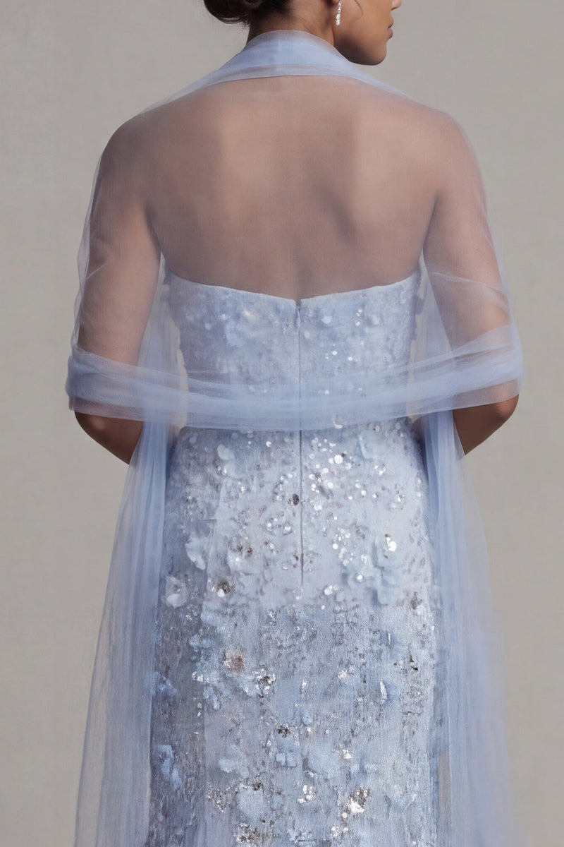 Load image into Gallery viewer, Sparkly Sky Blue Mermaid Floral Maxi Sequin Formal Dress with Shawl