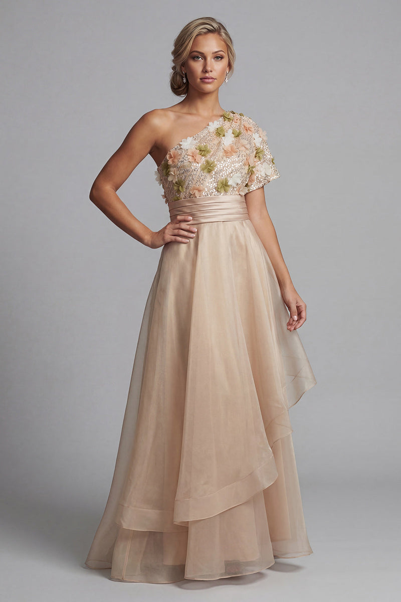 Load image into Gallery viewer, Champagne Floral A Line Long Mother of the Bride Dress with Ruffles