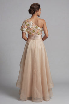 Champagne Floral A Line Long Mother of the Bride Dress with Ruffles
