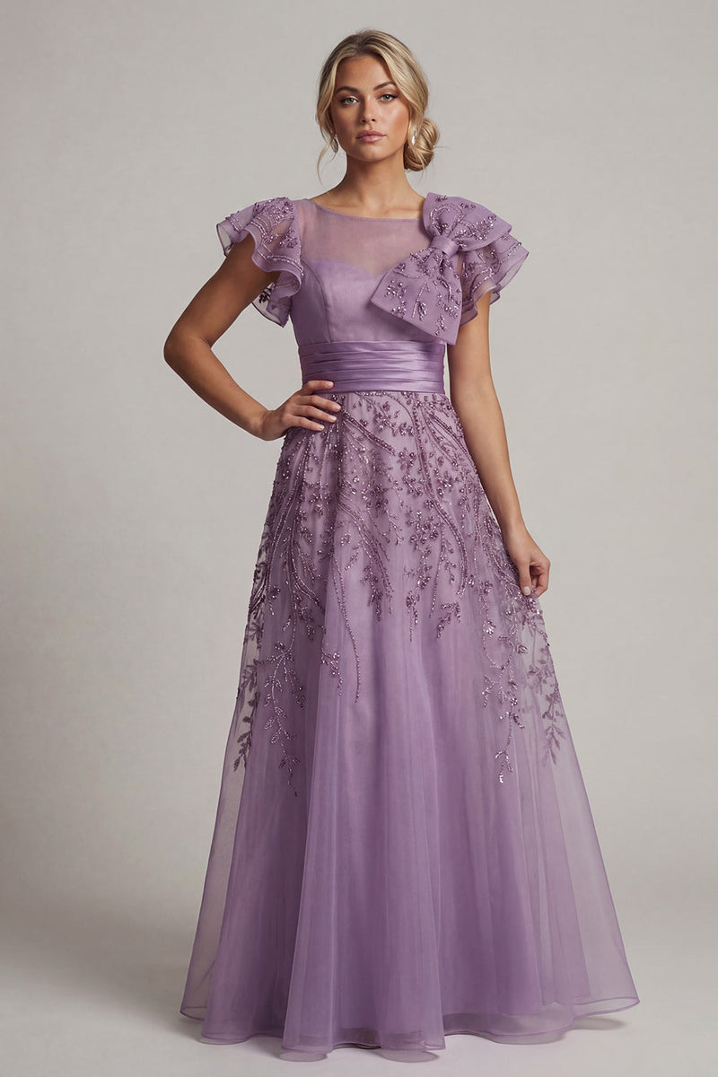 Load image into Gallery viewer, Purple A Line Floral Long Mother of the Bride Dress with Ruffles