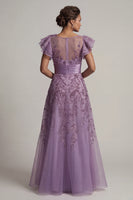 Load image into Gallery viewer, Purple A Line Floral Long Mother of the Bride Dress with Ruffles