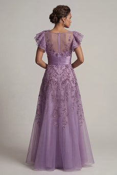 Purple A Line Floral Long Mother of the Bride Dress with Ruffles