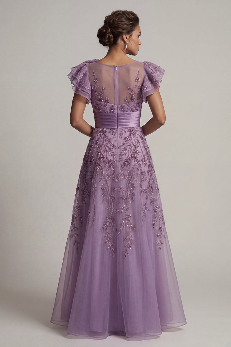 Load image into Gallery viewer, Purple A Line Floral Long Mother of the Bride Dress with Ruffles