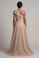 Load image into Gallery viewer, Champagne A Line Floral Long Mother of the Bride Dress with Bow