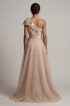 Champagne A Line Floral Long Mother of the Bride Dress with Bow