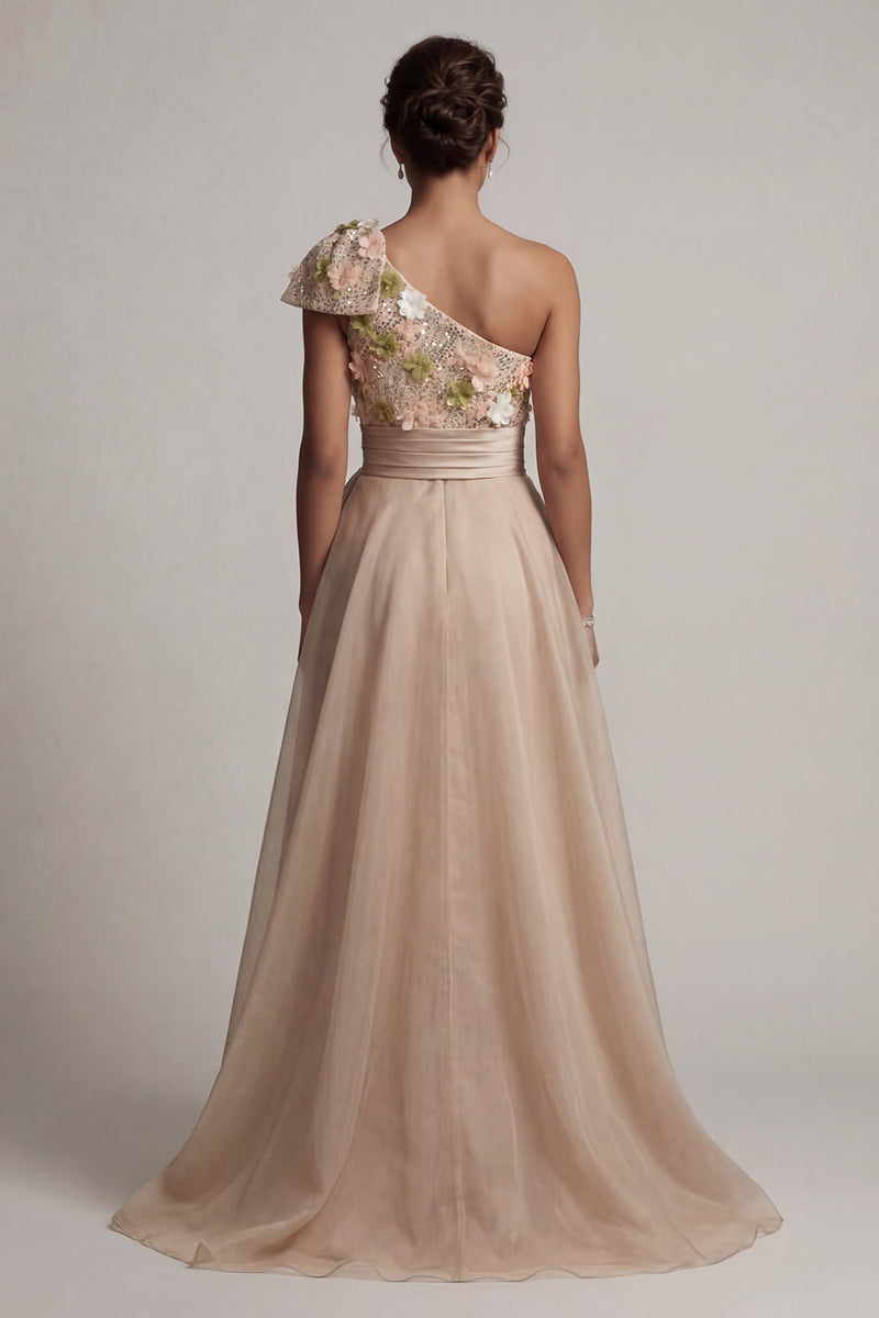 Load image into Gallery viewer, Champagne A Line Floral Long Mother of the Bride Dress with Bow