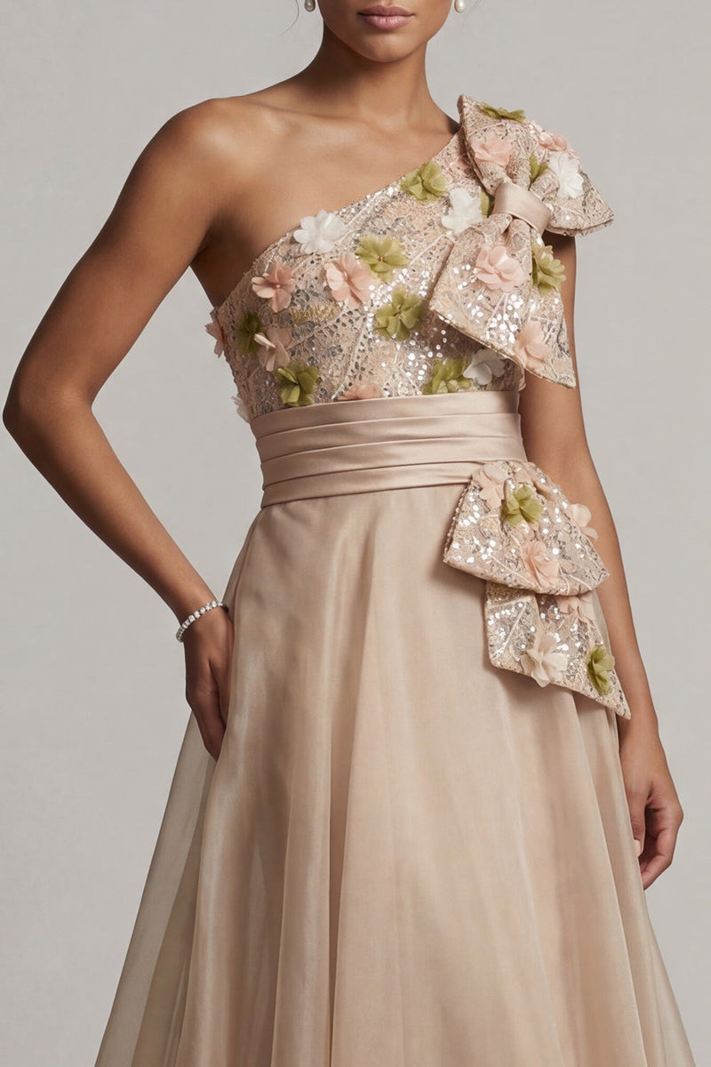 Load image into Gallery viewer, Champagne A Line Floral Long Mother of the Bride Dress with Bow