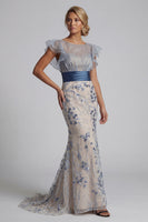 Load image into Gallery viewer, Dusty Blue Floral Mermaid Long Mother of the Bride Dress with Ruffles