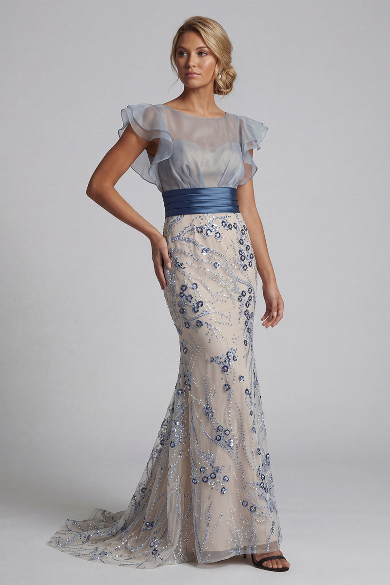 Load image into Gallery viewer, Dusty Blue Floral Mermaid Long Mother of the Bride Dress with Ruffles