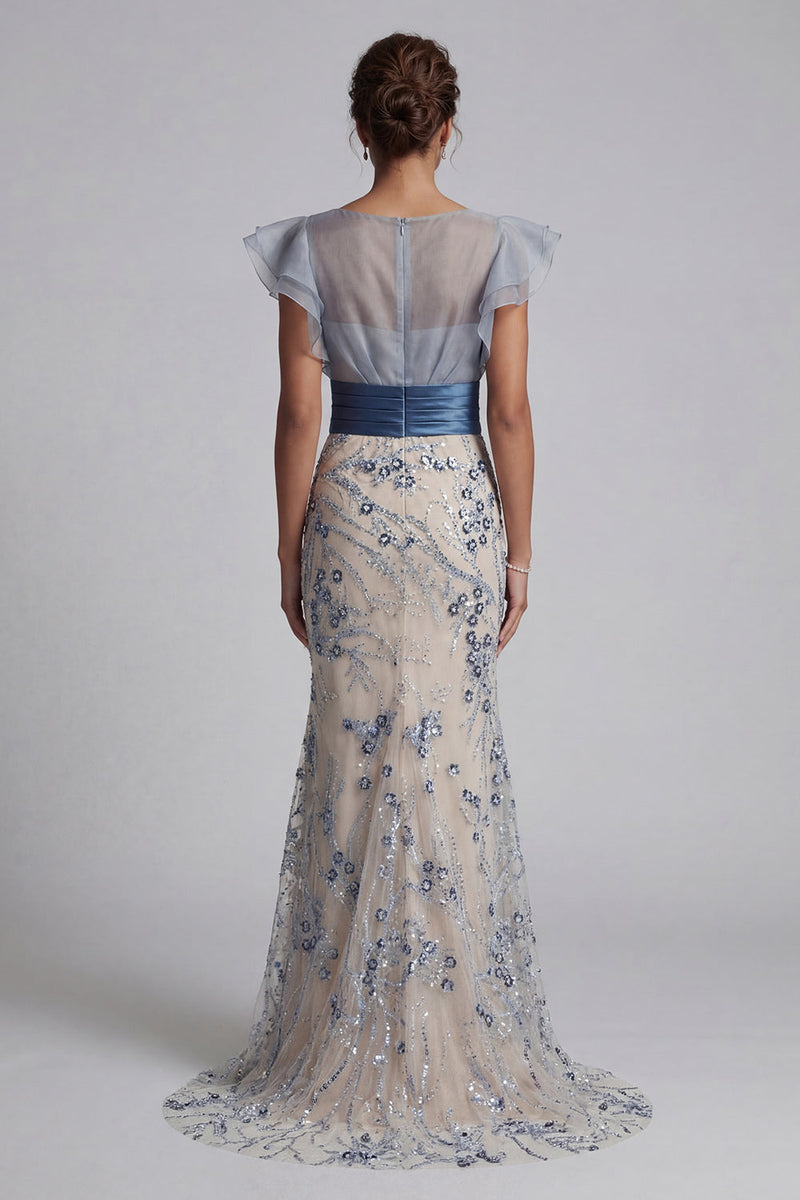 Load image into Gallery viewer, Dusty Blue Floral Mermaid Long Mother of the Bride Dress with Ruffles