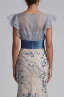 Load image into Gallery viewer, Dusty Blue Floral Mermaid Long Mother of the Bride Dress with Ruffles