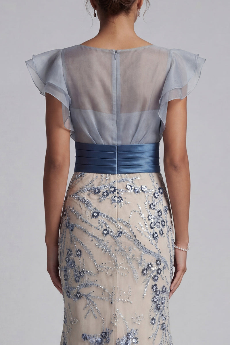 Load image into Gallery viewer, Dusty Blue Floral Mermaid Long Mother of the Bride Dress with Ruffles
