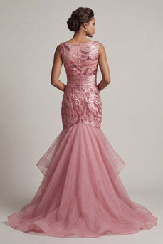 Sparkly Pink Mermaid Sequin Long Mother of the Bride Dress with Ruffles