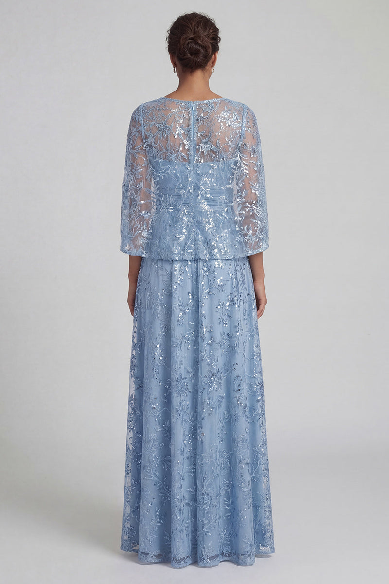 Load image into Gallery viewer, Sparkly Sky Blue A Line Floral Long Sequin Mother of the Bride Dress with Slit