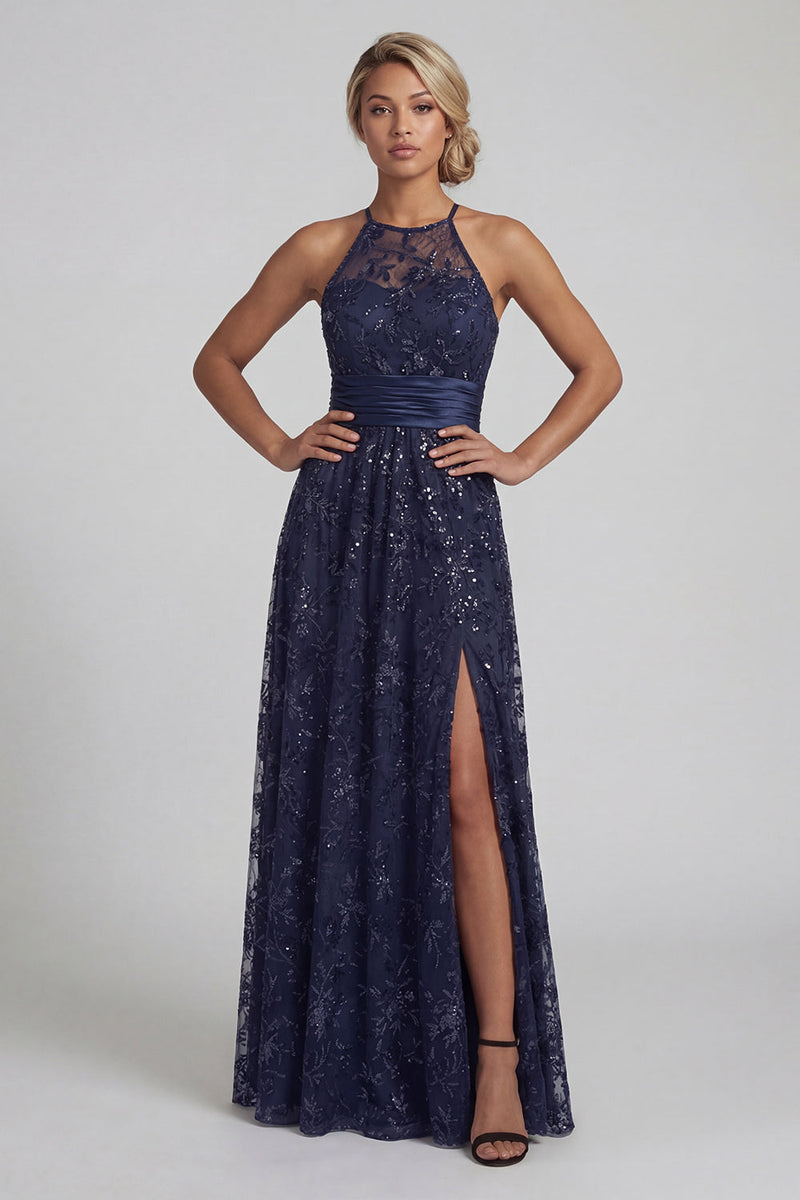 Load image into Gallery viewer, Sparkly Navy Sequin Floral Long A Line Mother of the Bride Dress with Slit