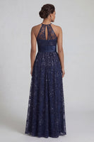 Load image into Gallery viewer, Sparkly Navy Sequin Floral Long A Line Mother of the Bride Dress with Slit