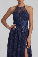 Load image into Gallery viewer, Sparkly Navy Sequin Floral Long A Line Mother of the Bride Dress with Slit