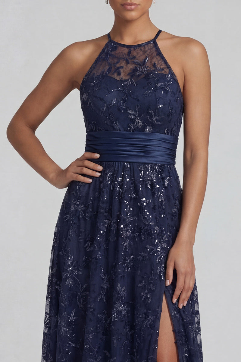 Load image into Gallery viewer, Sparkly Navy Sequin Floral Long A Line Mother of the Bride Dress with Slit