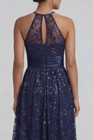 Load image into Gallery viewer, Sparkly Navy Sequin Floral Long A Line Mother of the Bride Dress with Slit