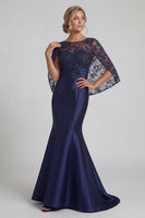 Load image into Gallery viewer, Sparkly Navy Sequin Floral Long Mermaid Mother of the Bride Dress with Cape