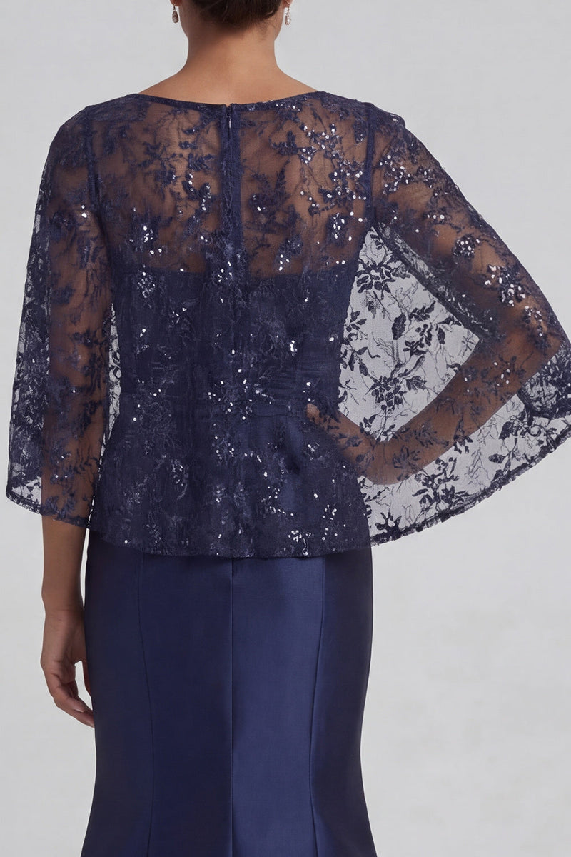 Load image into Gallery viewer, Sparkly Navy Sequin Floral Long Mermaid Mother of the Bride Dress with Cape