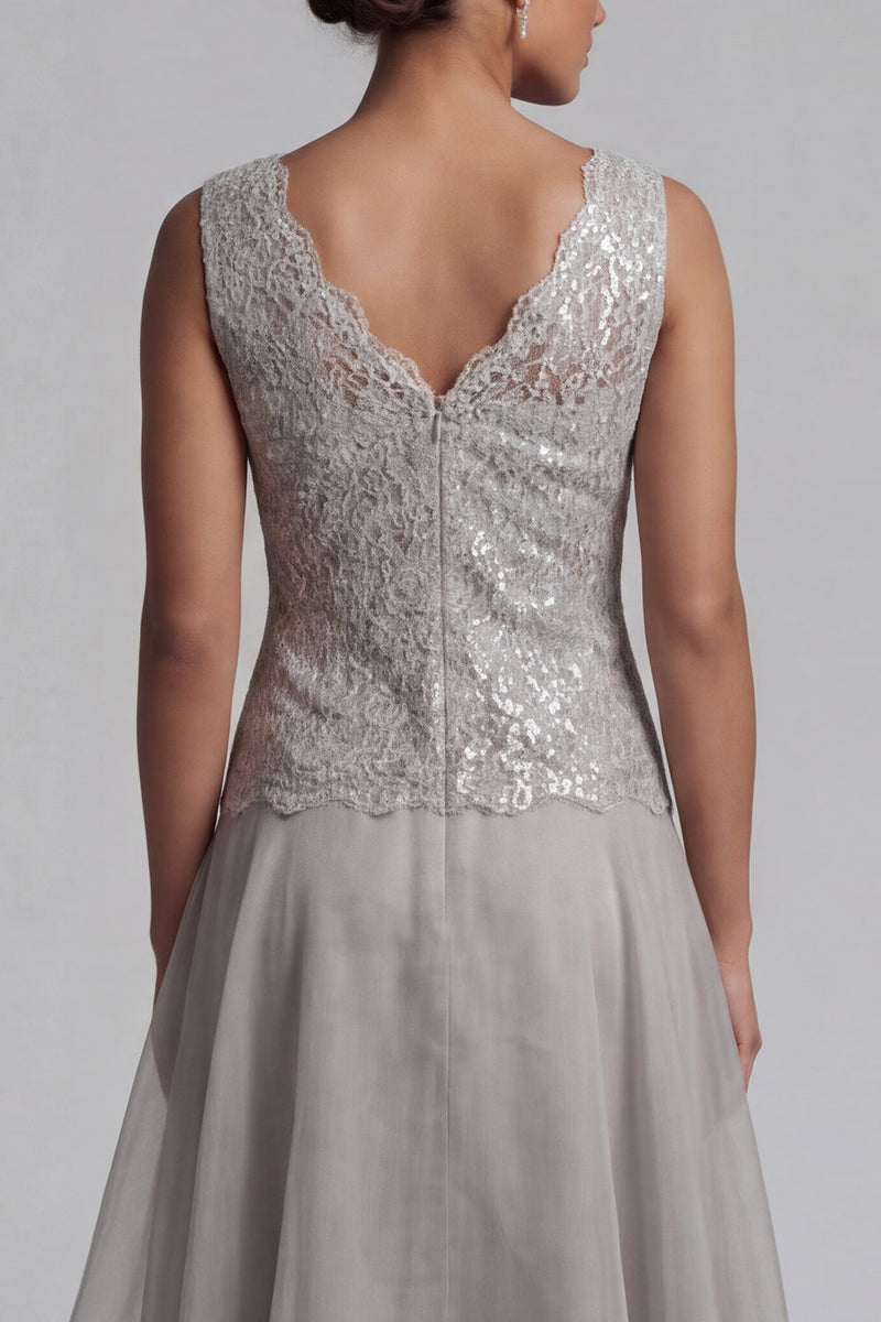 Load image into Gallery viewer, Sparkly Light Grey Lace A Line Long Scoop Mother of the Bride Dress with Jacket