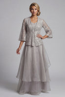 Load image into Gallery viewer, Sparkly Light Grey Lace A Line Long Scoop Mother of the Bride Dress with Jacket